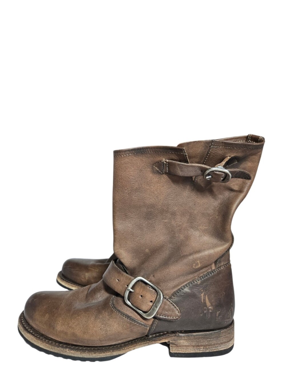 FRYE Veronica Short Engineer Leather Boots Distressed Brown Buckle Moto 7.5